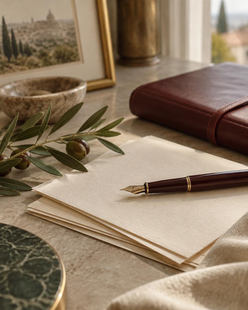 Fountain pen resting on ivory paper beside an olive branch and a burgundy notebook
